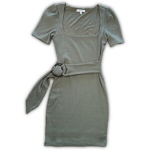 Guess Olive Green Ribbed Mini Dress with Self-Tie Belt
